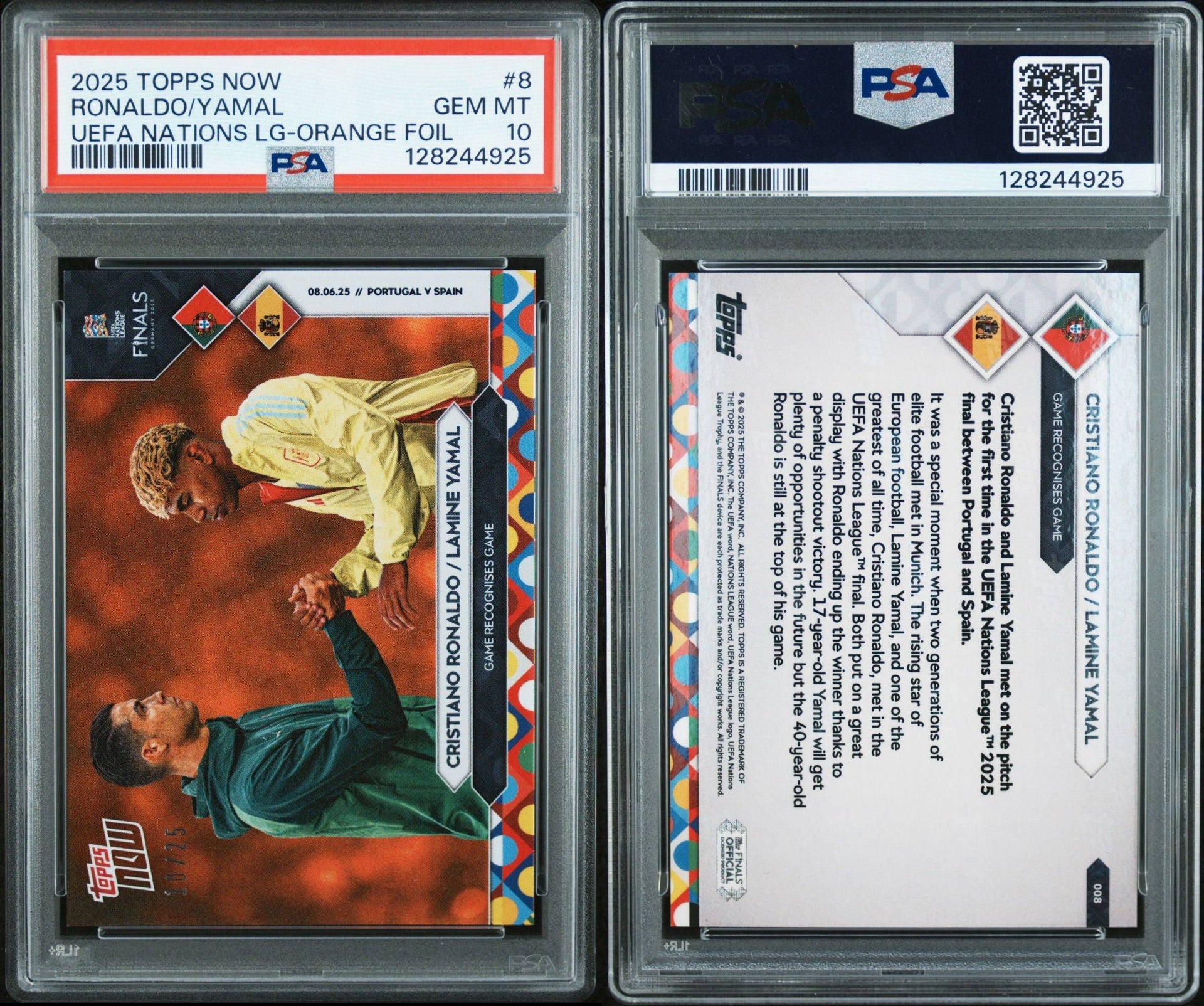 Cristiano Ronaldo Lamine Yamal Topps Now 8 Orange Foil Jersey #10/25 Card PSA 10