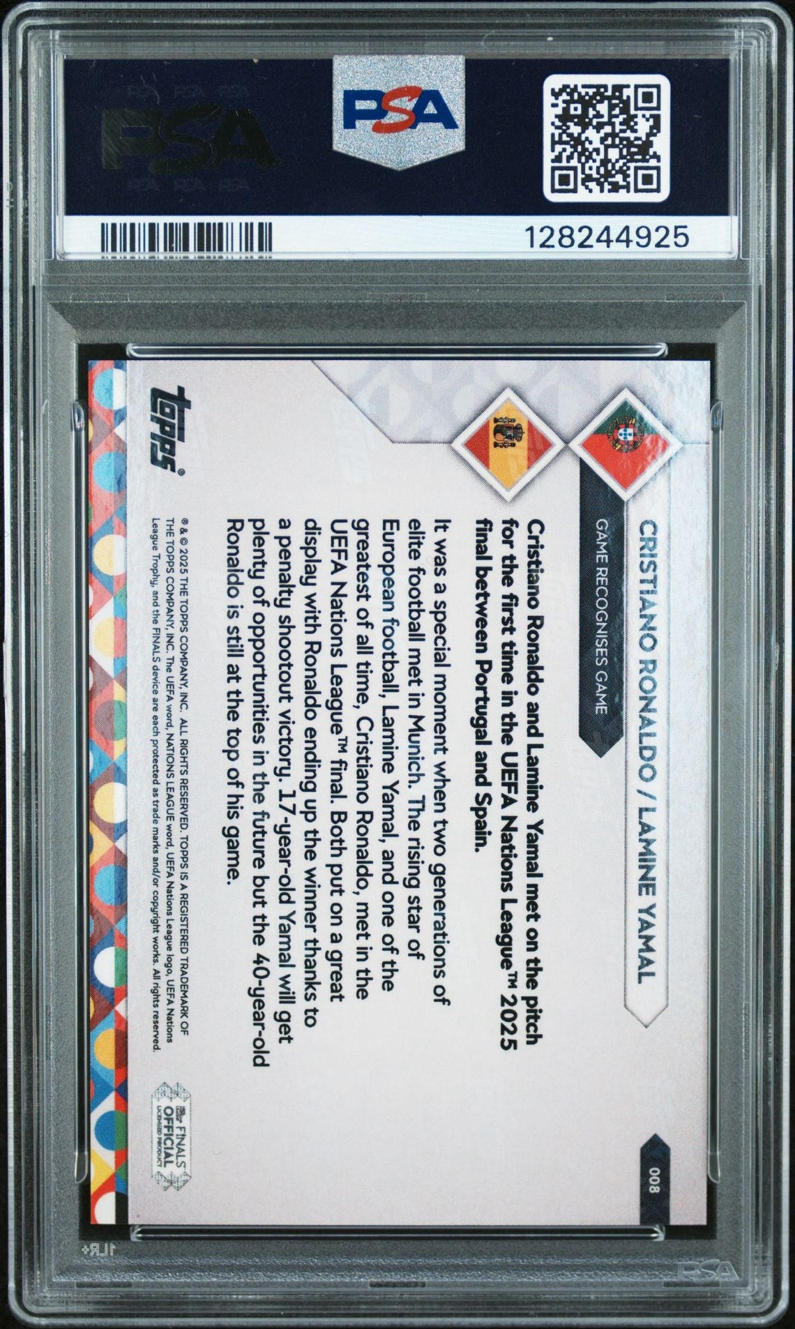 Cristiano Ronaldo Lamine Yamal Topps Now 8 Orange Foil Jersey #10/25 Card PSA 10