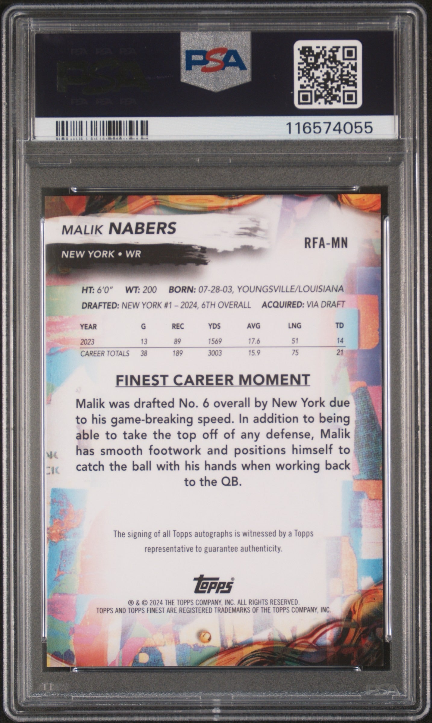 2024 Topps Finest Malik Nabers Gold Geometric Rookie Autograph - New York Giants - 13/50 PSA 10