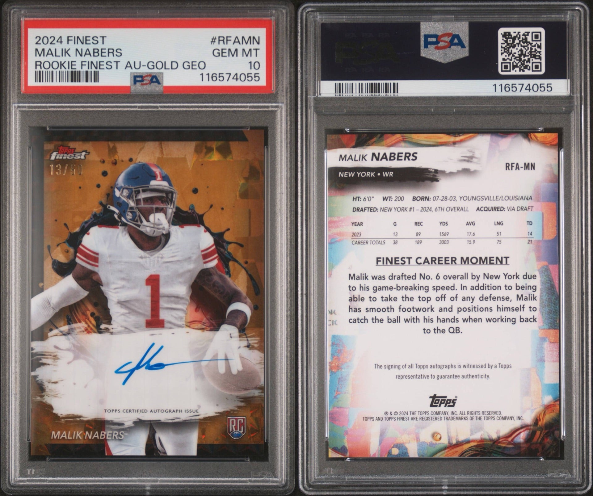 2024 Topps Finest Malik Nabers Gold Geometric Rookie Autograph - New York Giants - 13/50 PSA 10